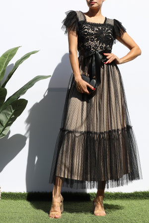 DD7815, LACE TOP RUFFLED MESH MIDI DRESS