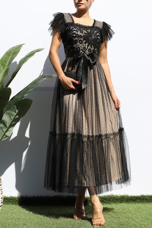 DD7815, LACE TOP RUFFLED MESH MIDI DRESS