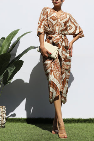 DD7763, PRINTED BUTTON DOWN WOVEN MIDI DRESS