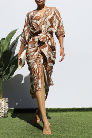 DD7763, PRINTED BUTTON DOWN WOVEN MIDI DRESS