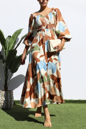 DD7846, PRINTED SMOCK TOP WOVEN MIDI DRESSES
