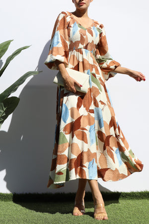 DD7846, PRINTED SMOCK TOP WOVEN MIDI DRESSES