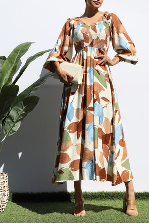 DD7846, PRINTED SMOCK TOP WOVEN MIDI DRESSES
