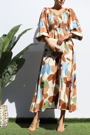 DD7846, PRINTED SMOCK TOP WOVEN MIDI DRESSES