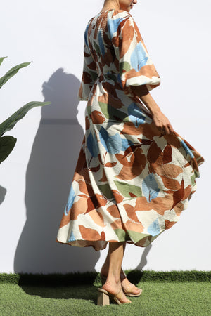 DD7846, PRINTED SMOCK TOP WOVEN MIDI DRESSES