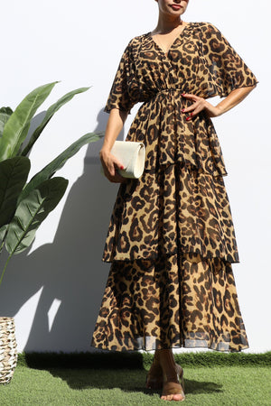 DD7779, LEOPARD V NECK TIERED MIDI DRESS