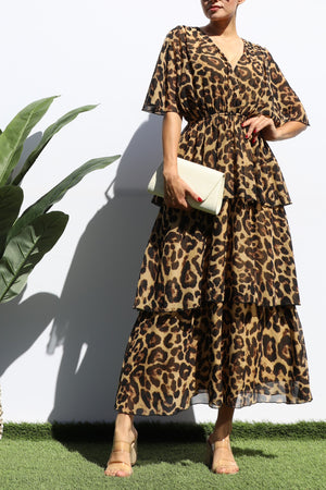DD7779, LEOPARD V NECK TIERED MIDI DRESS