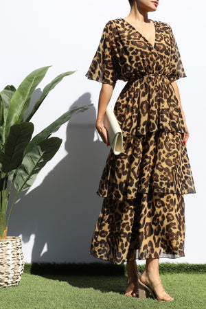 DD7779, LEOPARD V NECK TIERED MIDI DRESS