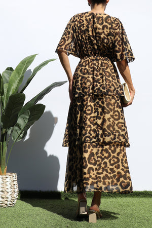 DD7779, LEOPARD V NECK TIERED MIDI DRESS