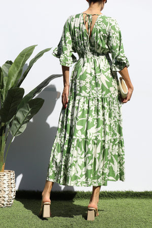 DD7424, PRINTED V NECK MIDI DRESS