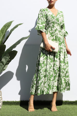 DD7424, PRINTED V NECK MIDI DRESS