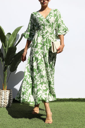 DD7424, PRINTED V NECK MIDI DRESS