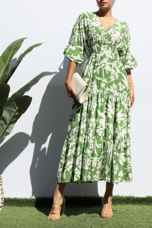 DD7424, PRINTED V NECK MIDI DRESS