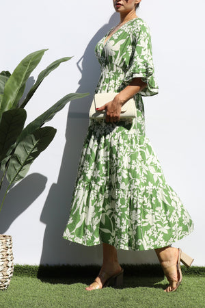 DD7424, PRINTED V NECK MIDI DRESS