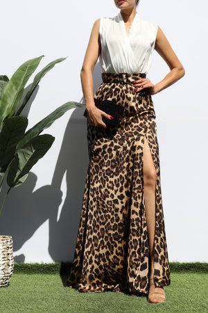 DD7719, LEOPARD V NECK SATIN MAXI DRESS