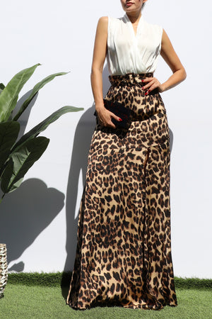 DD7719, LEOPARD V NECK SATIN MAXI DRESS