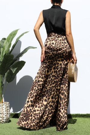 DD7719, LEOPARD V NECK SATIN MAXI DRESS