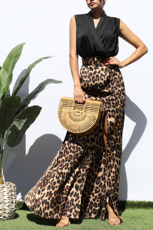 DD7719, LEOPARD V NECK SATIN MAXI DRESS