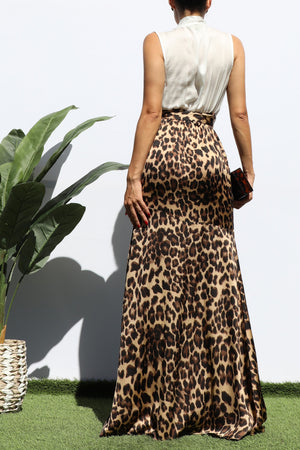 DD7719, LEOPARD V NECK SATIN MAXI DRESS