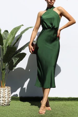 DD7840, CROSS NECK SATIN MIDI DRESS