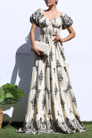 DD8273, PRINTED BUBBLE SLEEVE TIERED MAXI DRESS