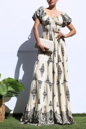 DD8273, PRINTED BUBBLE SLEEVE TIERED MAXI DRESS