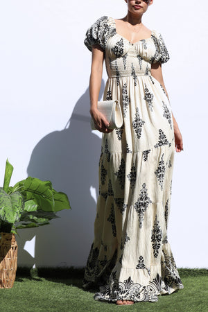 DD8273, PRINTED BUBBLE SLEEVE TIERED MAXI DRESS