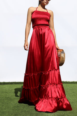 DD7678, SMOCKED TOP SATIN MAXI DRESS