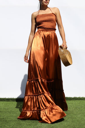 DD7678, SMOCKED TOP SATIN MAXI DRESS