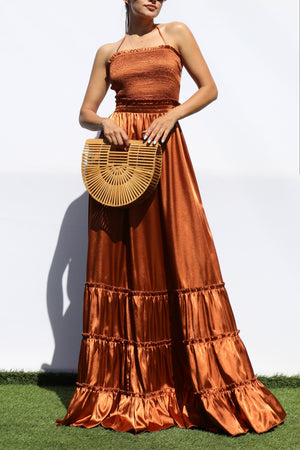 DD7678, SMOCKED TOP SATIN MAXI DRESS