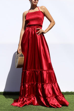 DD7678, SMOCKED TOP SATIN MAXI DRESS