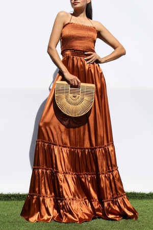 DD7678, SMOCKED TOP SATIN MAXI DRESS