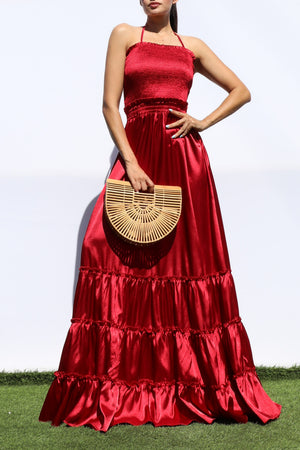 DD7678, SMOCKED TOP SATIN MAXI DRESS