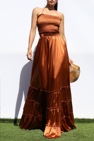 DD7678, SMOCKED TOP SATIN MAXI DRESS
