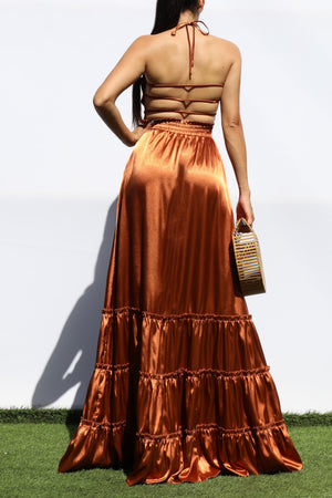 DD7678, SMOCKED TOP SATIN MAXI DRESS