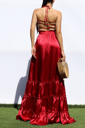 DD7678, SMOCKED TOP SATIN MAXI DRESS