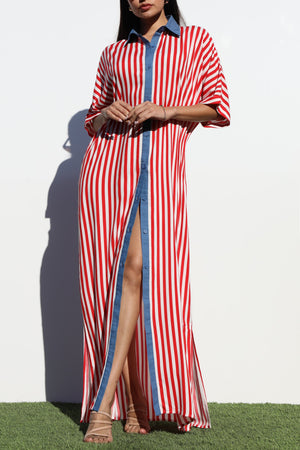 DD7007, STRIPED BUTTON DOWN SHIRT DRESS