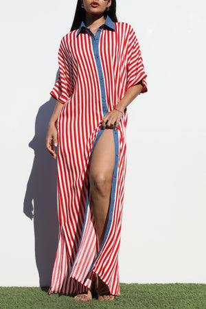 DD7007, STRIPED BUTTON DOWN SHIRT DRESS
