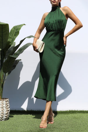 DD7482, MOCK NECK SATIN MIDI DRESS