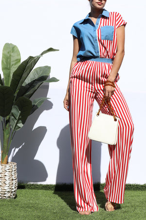 DD7391, STRIPED SHIRT TOP AND PANTS SET