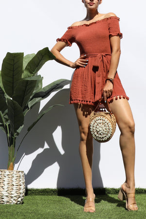 DD8351, OFF SHOULDER SMOCKED TOP ROMPER