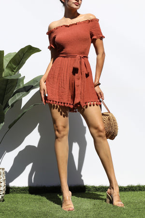 DD8351, OFF SHOULDER SMOCKED TOP ROMPER