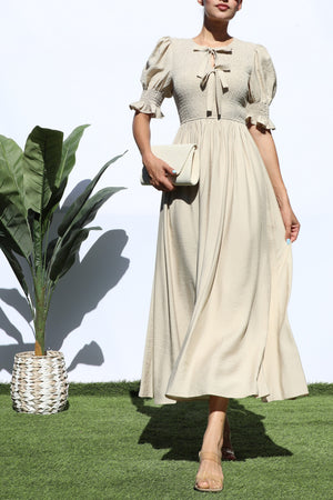 DD7882, SMOCKED TOP WOVEN MIDI DRESS