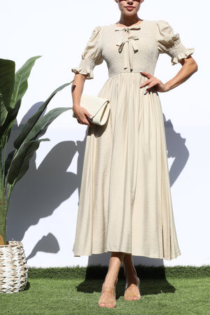 DD7882, SMOCKED TOP WOVEN MIDI DRESS