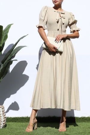 DD7882, SMOCKED TOP WOVEN MIDI DRESS