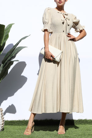 DD7882, SMOCKED TOP WOVEN MIDI DRESS
