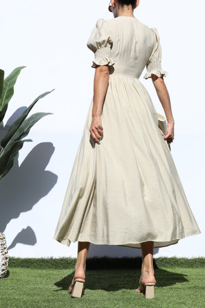 DD7882, SMOCKED TOP WOVEN MIDI DRESS