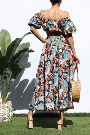 DD5048, PRINTED OFF SHOULDER TOP AND SKIRT SET