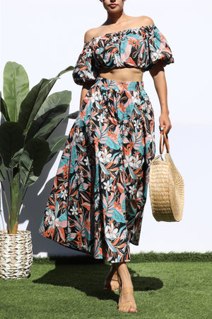 DD5048, PRINTED OFF SHOULDER TOP AND SKIRT SET