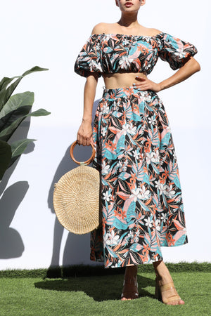 DD5048, PRINTED OFF SHOULDER TOP AND SKIRT SET